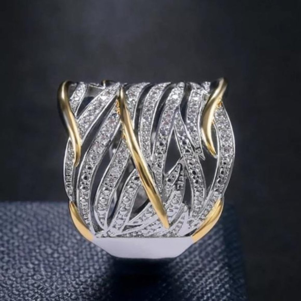 NEW 925 Sterling Silver Two Tone Diamond Ring, beautiful Ring, shiny Ring - Picture 7 of 8